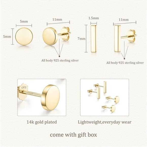 Gold Sterling Silver Stud Earrings Set Bar Dot Heart Star Hypoallergenic - Picture 5 of 7